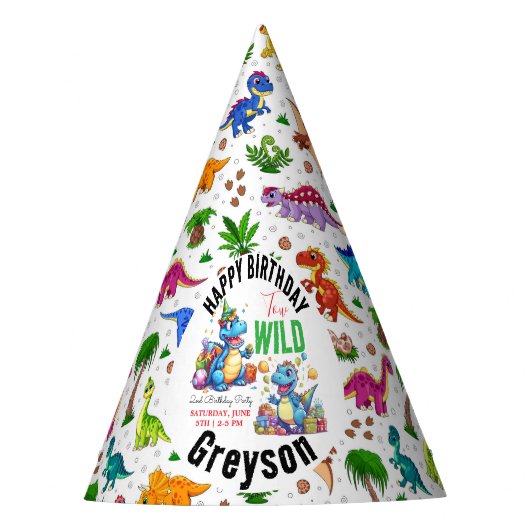 Twee Wild Dino Party Boy Dinosaurus 2e Verjaardag Feesthoedjes (Voorkant)