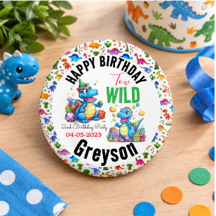 Twee Wild Dino Party Boy Dinosaurus 2e Verjaardag Ronde Button 3,2 Cm