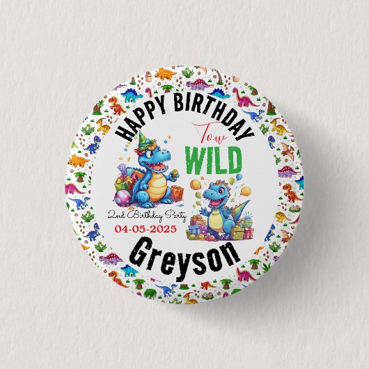 Twee Wild Dino Party Boy Dinosaurus 2e Verjaardag Ronde Button 3,2 Cm (Voorkant)