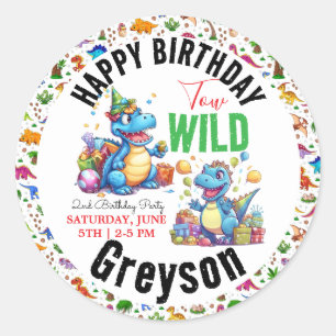 Twee Wild Dino Party Boy Dinosaurus 2e Verjaardag Ronde Sticker