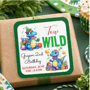 Twee Wild Dino Party Boy Dinosaurus 2e Verjaardag Vierkante Sticker