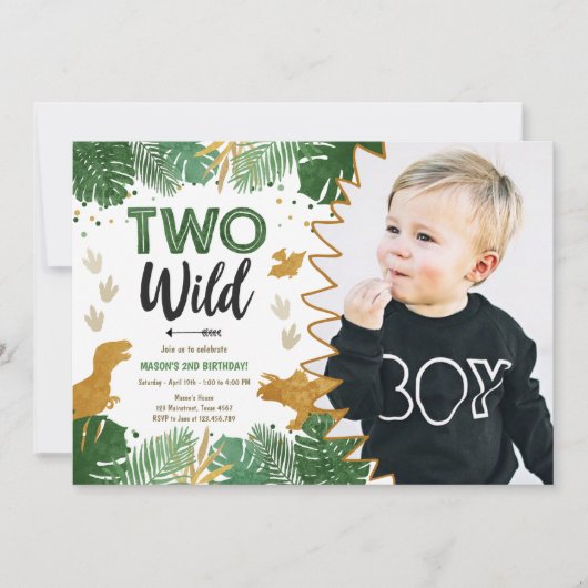 Twee Wild Dino Party Boy Gold Dinosaur 2e verjaard Kaart (Voorkant)