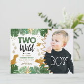 Twee Wild Dino Party Boy Gold Dinosaur 2e verjaard Kaart (Staand voorkant)