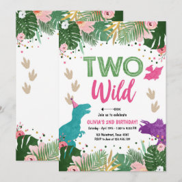 Twee Wild Dino Party Meisje Roze Dinosaurus Verjaa Kaart