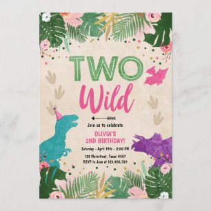 Twee Wild Dino Party Meisje Roze Dinosaurus Verjaa Kaart