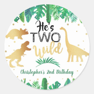 Twee Wild Dinosaur Boys 2e verjaardag Favor Ronde Sticker
