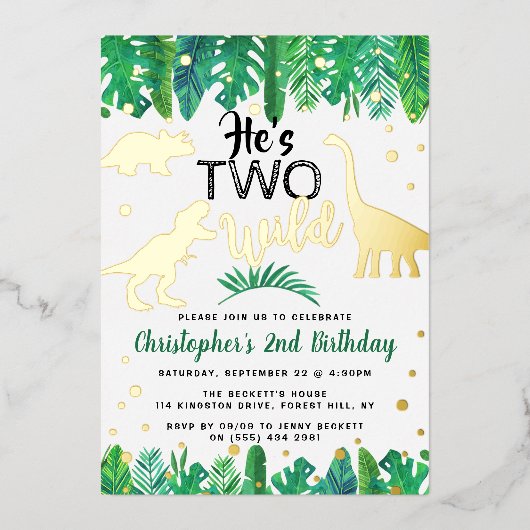 Twee Wild Dinosaur Boys 2e verjaardag Folie Uitnodiging (Voorkant)