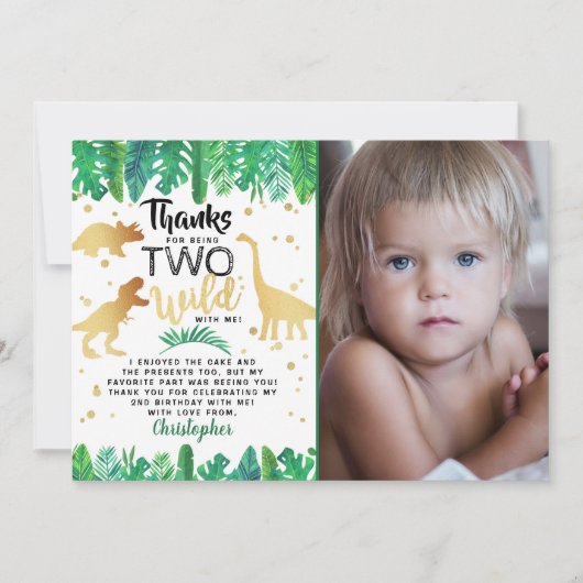 Twee Wild Dinosaur Boys Tweede verjaardag Foto Bedankkaart (Voorkant)