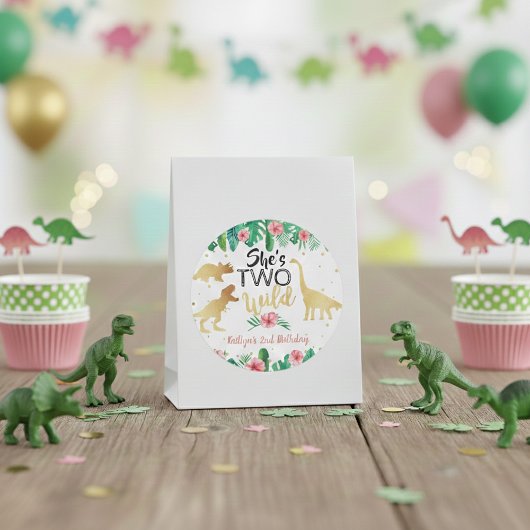 Twee Wild Dinosaur Girls 2e verjaardag Favor Ronde Sticker