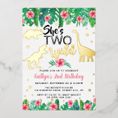 Twee Wild Dinosaur Girls 2e verjaardag Folie Uitnodiging (Voorkant)