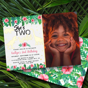Twee Wild Dinosaur Girls 2e verjaardag foto echt Folie Uitnodiging