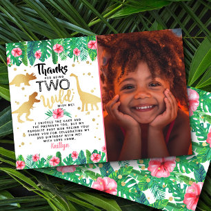 Twee Wild Girls Dinosaur Tweede verjaardag Foto Bedankkaart