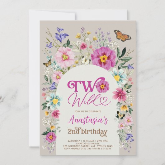 TWEE WILD Kleurrijke Boho Wildflower 2e Verjaardag Kaart (Voorkant)