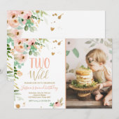 Twee Wild Meisje 2e Verjaardag Invite Floral Roze  Kaart (Voorkant / Achterkant)