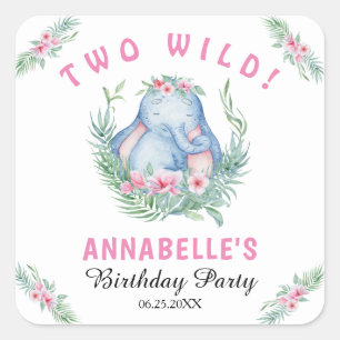 Twee Wild Pink Elephant Girl's 2e Birthday Square Vierkante Sticker