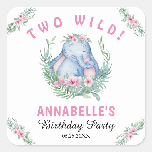 Twee Wild Pink Elephant Girl's 2e Birthday Square Vierkante Sticker (Voorkant)