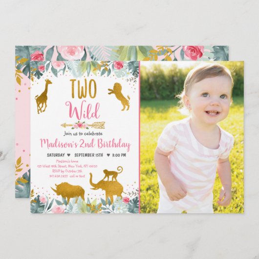 Twee Wild Pink Gold Greenery Safari Birthday Kaart (Voorkant / Achterkant)