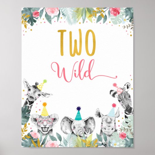Twee Wild Pink Gold Party Animal Birthday Sign Poster (Voorkant)