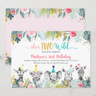 Twee Wild Pink Gold Party Dierendag Kaart