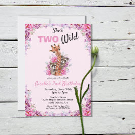 Twee Wild Pink Safari Giraffe Floral Birthday Part Kaart