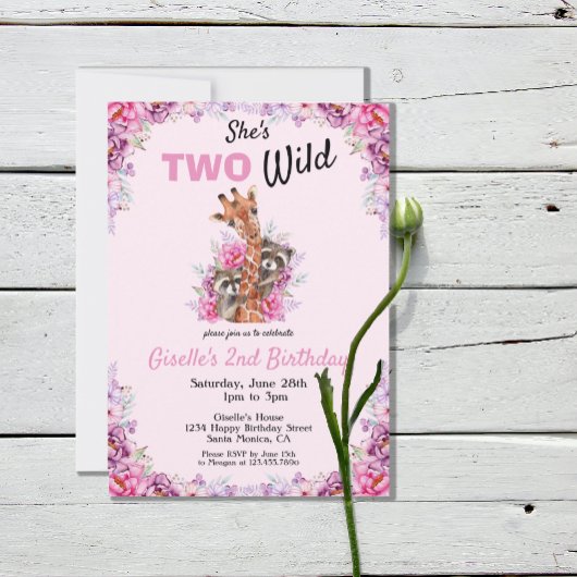 Twee Wild Pink Safari Giraffe Floral Birthday Part Kaart