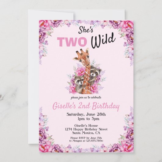 Twee Wild Pink Safari Giraffe Floral Birthday Part Kaart (Voorkant)