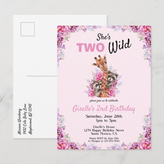 Twee Wild Pink Safari Giraffe Floral Birthday Part Uitnodiging Briefkaart (Voorkant / Achterkant)