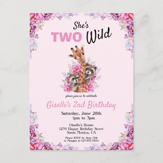 Twee Wild Pink Safari Giraffe Floral Birthday Part Uitnodiging Briefkaart (Voorkant)
