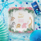 TWEE WILD - Roze Safari Meisje's Tweede Verjaardag Papieren Bordje (Feest)