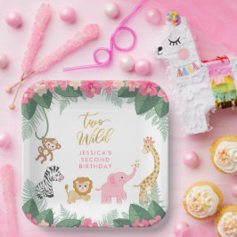 TWEE WILD - Roze Safari Meisje's Tweede Verjaardag Papieren Bordje