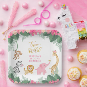 TWEE WILD - Roze Safari Meisje's Tweede Verjaardag Papieren Bordje