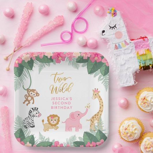 TWEE WILD - Roze Safari Meisje's Tweede Verjaardag Papieren Bordje (Feest)