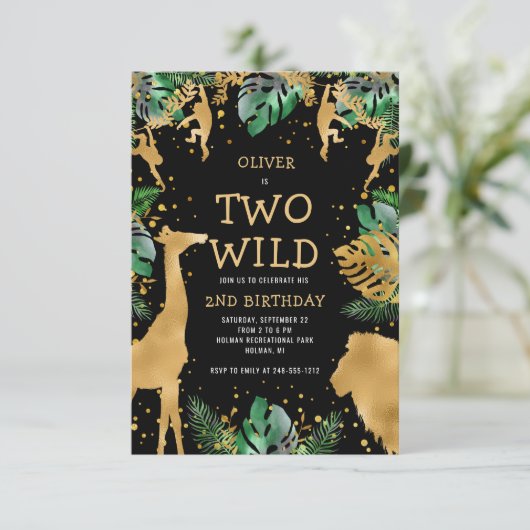 Twee Wild Safari 2de verjaardag: Black Green Gold Kaart (Staand voorkant)