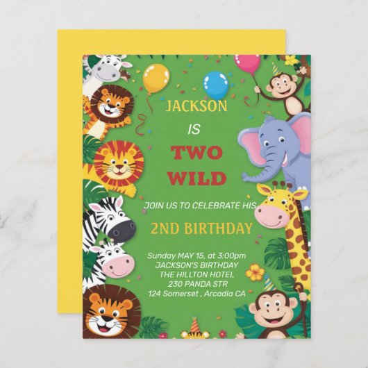 Twee Wild Safari 2e verjaardag uitnodiging (Voorkant / Achterkant)