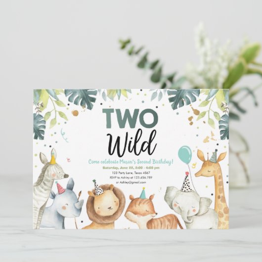 Twee Wild Safari Animals Boy Birthday Uitnodiging (Staand voorkant)