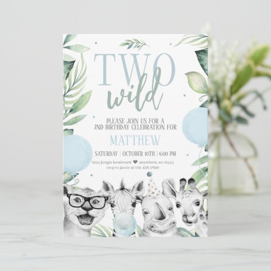 Twee Wild Safari Birthday Uitnodiging voor een jon (Staand voorkant)