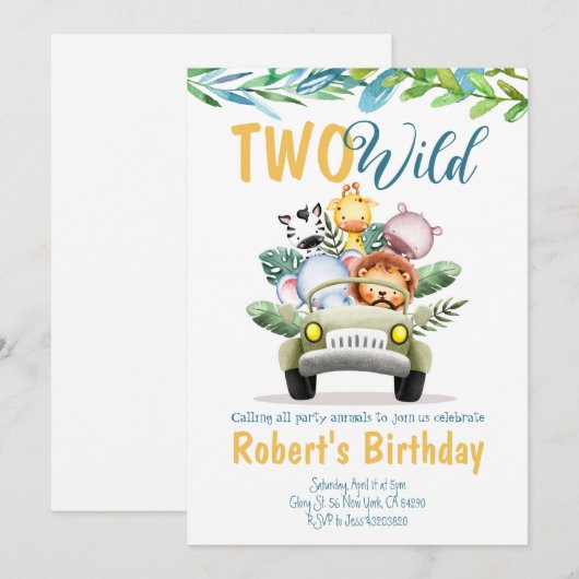 Twee Wild Safari Boy Birthday Uitnodiging (Voorkant / Achterkant)