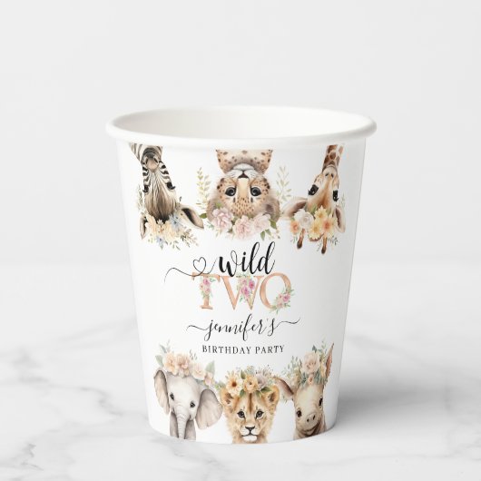 Twee Wild Safari Dieren Meisje 2e Verjaardag Papie Papieren Bekers (Achterkant)