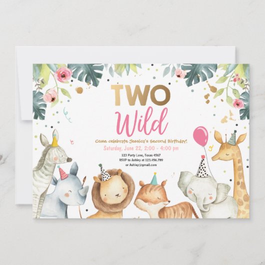 Twee Wild Safari Gold Girl Diers Birthday Party Kaart (Voorkant)