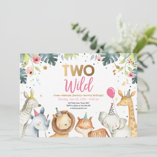 Twee Wild Safari Gold Girl Diers Birthday Party Kaart (Staand voorkant)