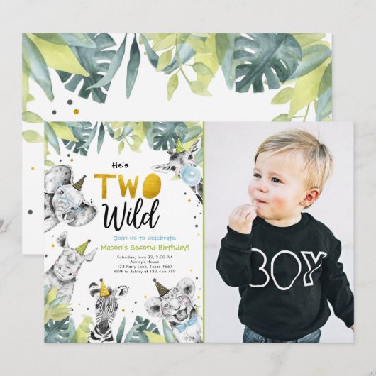 Twee Wild Safari Party Dieren Jongen Tweede Verjaa Kaart (Voorkant / Achterkant)