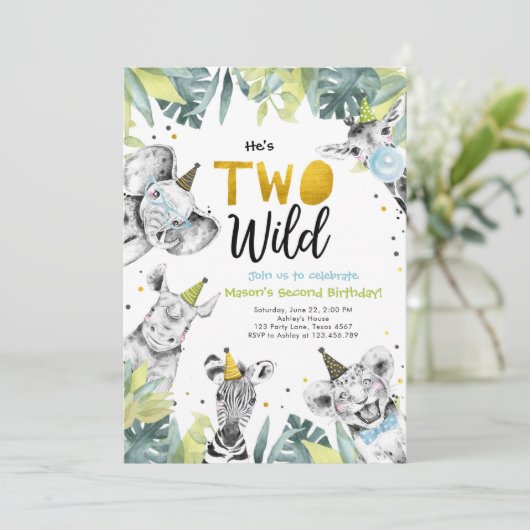 Twee Wild Safari Party Dieren Jongen Tweede Verjaa Kaart (Staand voorkant)