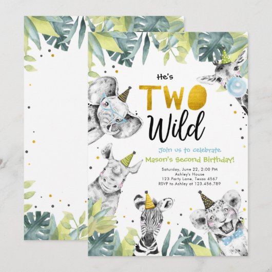 Twee Wild Safari Party Dieren Jongen Tweede Verjaa Kaart (Voorkant / Achterkant)