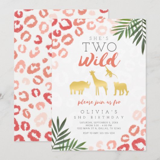 Twee Wild Safari Pink en Gold 2de verjaardag Kaart (Voorkant / Achterkant)