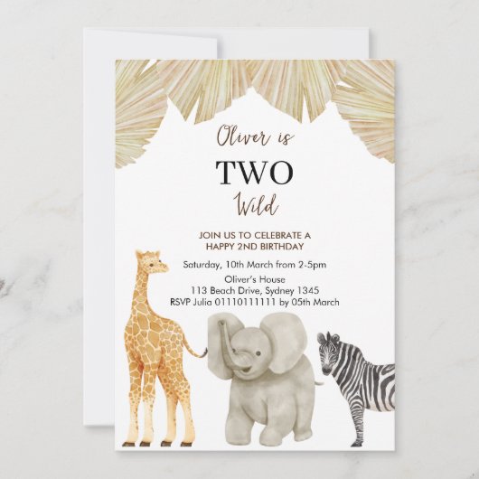 TWEE WILD Safari Thema 2e verjaardag Uitnodiging (Voorkant)