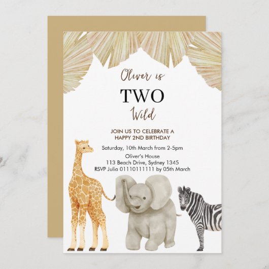 TWEE WILD Safari Thema 2e verjaardag Uitnodiging (Voorkant / Achterkant)