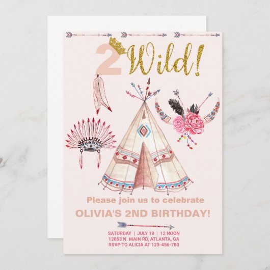 Twee Wild-stam-boho-meisje verjaardagsuitnodiging. Kaart (Voorkant / Achterkant)