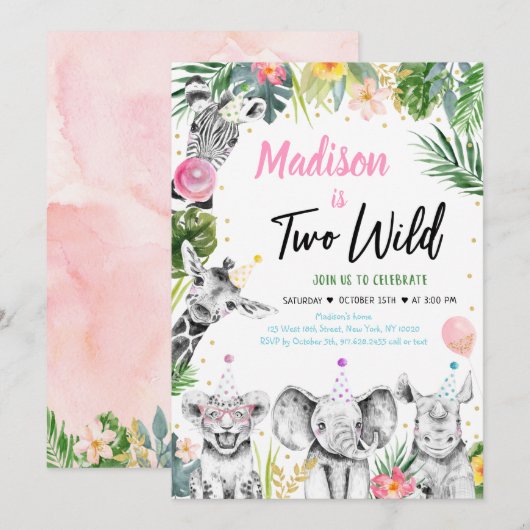 Twee Wild Tropical Safari Oerwoud Girl Birthday Kaart (Voorkant / Achterkant)