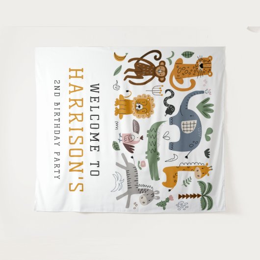 Twee Wilde 2de Verjaardag Safari Dieren Kinderen W Wandkleed (Voorkant (horizontaal))