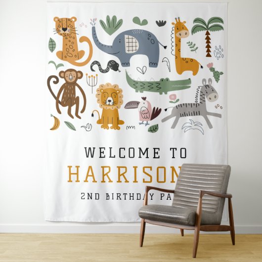 Twee Wilde 2de Verjaardag Safari Dieren Kinderen W Wandkleed (In situ)
